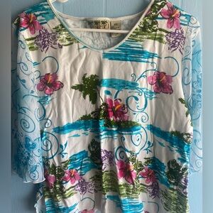 Women’s Floral Scoop Neck Tunic - White with Pink & Turquoise